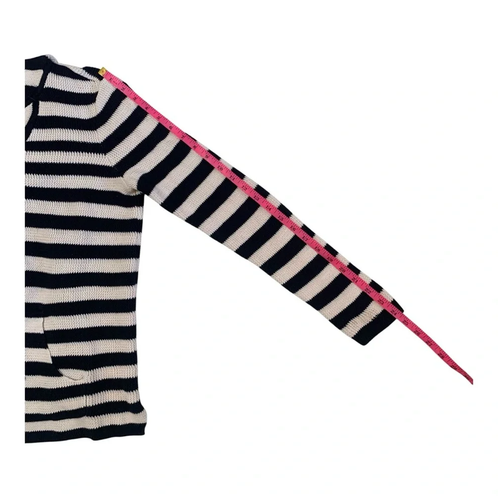 Talbots Navy Ivory Striped V-Neck Cotton Blend Sweater Hood Pull-Over Size MP‎